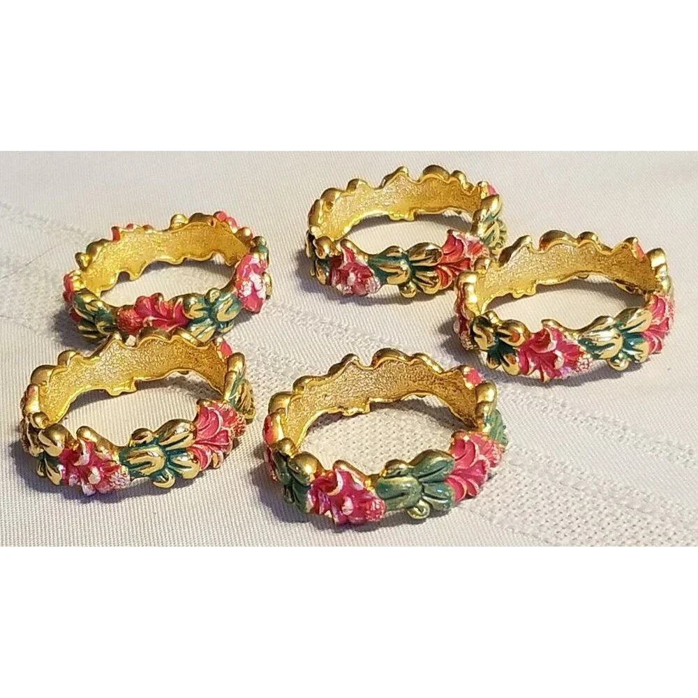 Hand‑Painted Gold Floral Napkin Rings Set of 5 – Vintage Style